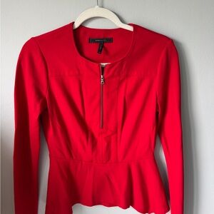 BCBGMaxAzria Red Zip-Front Peplum Blouse